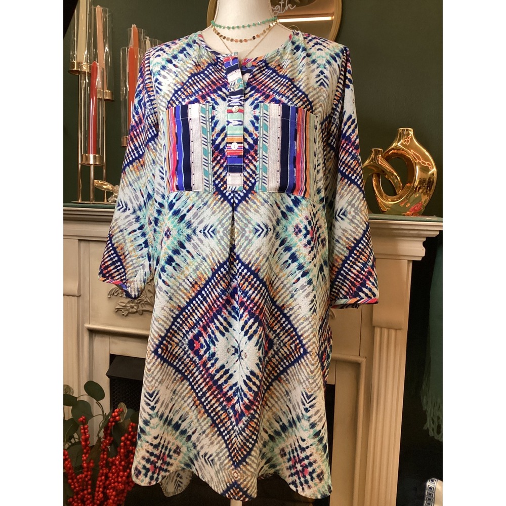 Valerie Stevens Tunic Top Womens Medium Multicolor Boho Ikat Geometric